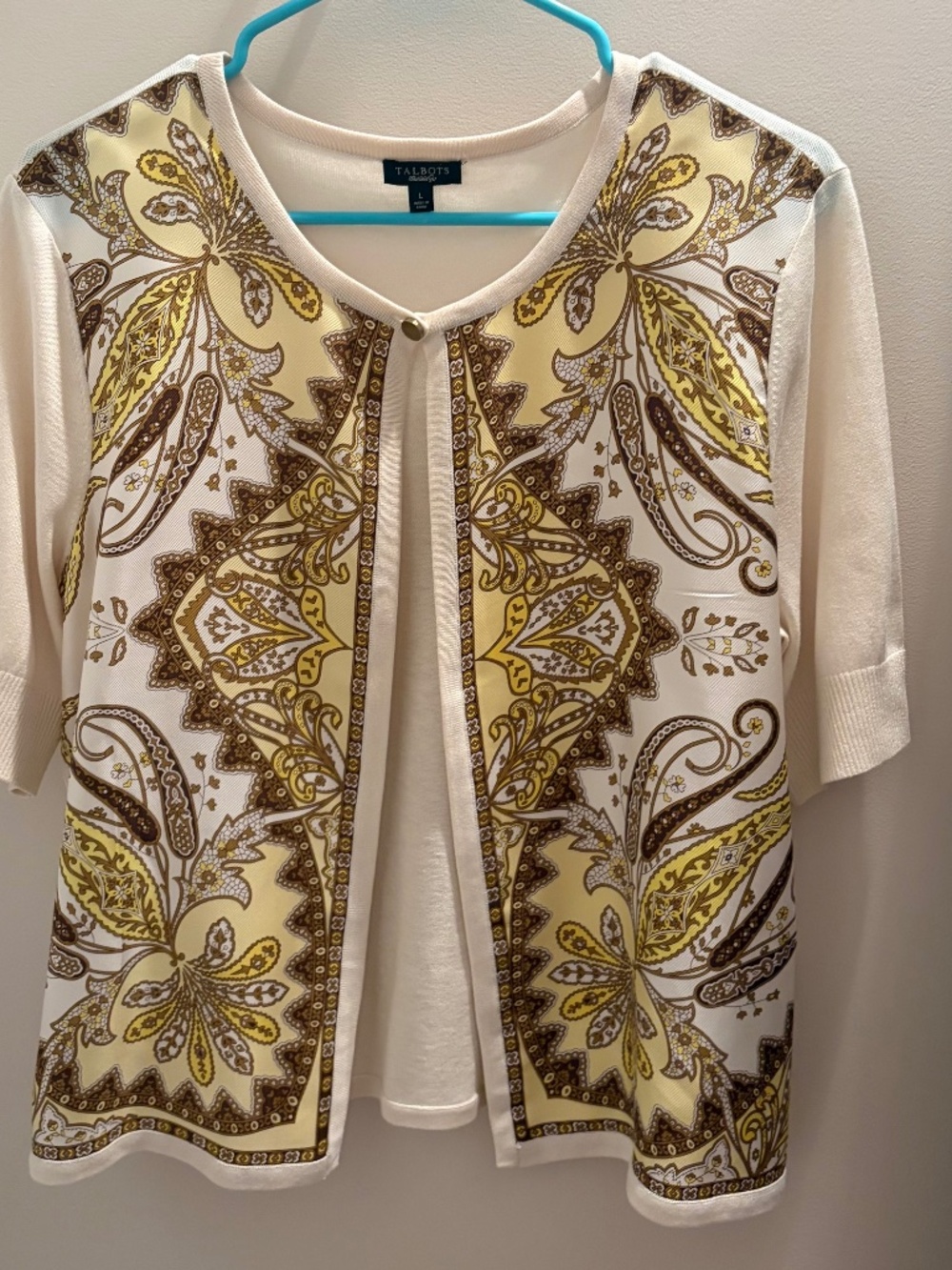 Talbots short sleeved, paisley print cardigan.
